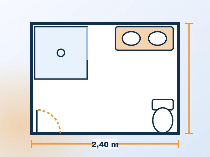 Plan coté d’une salle de bains : douche, double vasque et WC